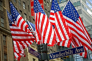 American flags outside Grand Central Station, Midtown Manhattan, New York City, New York, United States of America, North America