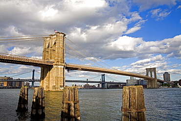 Brooklyn Bridge and Brooklyn Heights skyline viewed from Lower Manhattan, New York City, New York, United States of America, North America