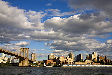 Brooklyn Bridge and Brooklyn Heights skyline viewed from Lower Manhattan, New York City, New York, United States of America, North America