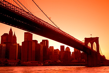 Brooklyn Bridge and Lower Manhattan Skyline viewed from Empire Fulton Ferry State Park, Brooklyn, New York City, New York, United States of America, North America