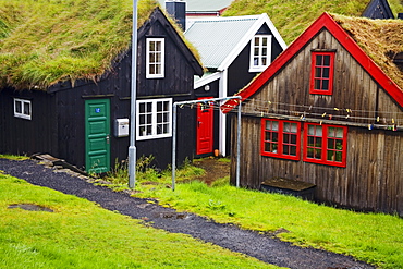 Sod roof houses in historic Tinganes district, City of Torshavn, Faroe Islands, Kingdom of Denmark, Europe