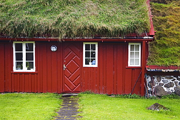 Sod roof building in historic Tinganes district, City of Torshavn, Faroe Islands, Kingdom of Denmark, Europe