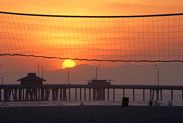 Volley ball net and Venice Beach Pier, Los Angeles, California, United States of America, North America