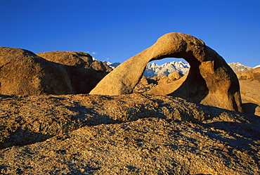 Mount Whitney viewed through rock arch, Alabama Hills Recreation Area, Eastern Sierra region, California, United States of America, North America