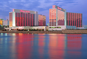 Flamingo Casino reflected in the Colorado River, Laughlin, Nevada, United States of America, North America