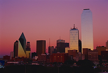 Skyline at dusk, Dallas, Texas, United States of America, North America