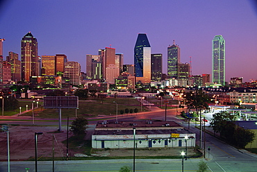 Skyline at dusk, Dallas, Texas, United States of America, North America