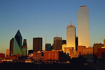 Skyline at dusk, Dallas, Texas, United States of America, North America