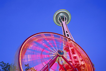 Ferris wheel and Space Needle, Seattle Center, Seattle, Washington state, United States of America, North America