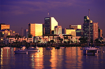 City skyline at sunst, from Harbor Island, San Diego, California, United States of America, North America