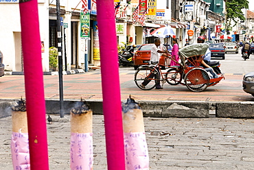 Trishaw and incense, Georgetown, Penang, Malaysia, Southeast Asia, Asia