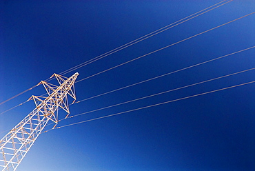 Electricity pylon against blue sky, Dunhuang, Gansu, China, Asia