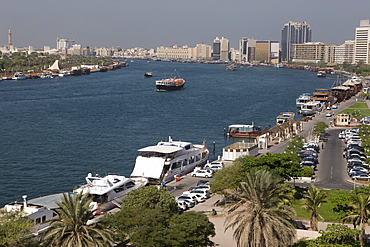 View of Dubai Creek, Deira, traditional dhow, Dubai, United Arab Emirates, Middle East