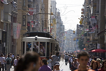 Historic tram, busy street, Istikla Caddesi, Istanbul, Turkey, Europe