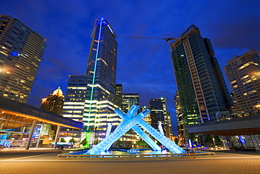 Olympic Flame burner at night near the Convention Centre, Waterfront downtown, Vancouver, British Columbia, Canada, North America