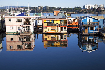 Colourful boat houses, Fisherman's Wharf, Victoria, Vancouver Island, British Columbia, Canada, North America