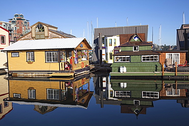 Colourful boat houses, Fisherman's Wharf, Victoria, Vancouver Island, British Columbia, Canada, North America