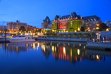 Inner Harbour with the Empress Hotel at night, Victoria, Vancouver Island, British Columbia, Canada, North America