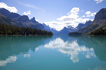 Mountains reflected in Maligne Lake, Jasper National Park, UNESCO World Heritage Site, British Columbia, Rocky Mountains, Canada, North America