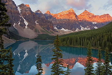 Early morning reflections in Moraine Lake, Banff National Park, UNESCO World Heritage Site, Alberta, Rocky Mountains, Canada, North America