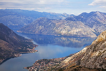 High view of the fjord at Kotor Bay, Kotor, UNESCO World Heritage Site, Montenegro, Europe