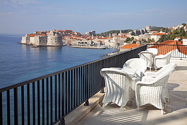 Terrace of Excelsior Hotel with Dubrovnik Old Town in the distance, Dubrovnik, Croatia, Europe