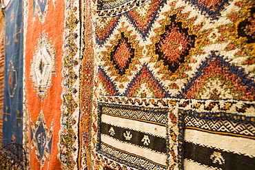 Traditional Moroccan rugs for sale in the souk, Fez, Morocco, North Africa, Africa