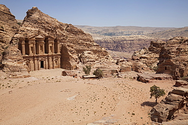 The facade of the Monastery carved into the red rock at Petra, UNESCO World Heritage Site, Jordan, Middle East