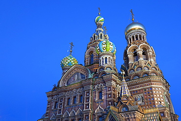 The Church on Spilled Blood illuminated at dusk, UNESCO World Heritage Site, St. Petersburg, Russia, Europe