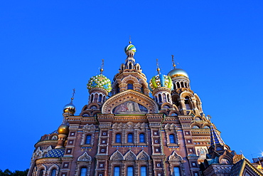 The Church on Spilled Blood illuminated at dusk, UNESCO World Heritage Site, St. Petersburg, Russia, Europe