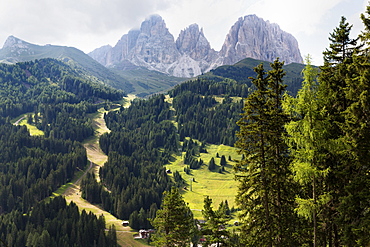 The dramatic Sassolungo mountains in the Dolomites near Canazei, Trentino-Alto Adige, Italy, Europe 