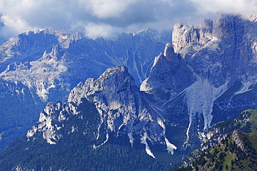 The rugged Rosengarten Peaks in the Dolomites near Canazei, Trentino-Alto Adige, Italy, Europe 