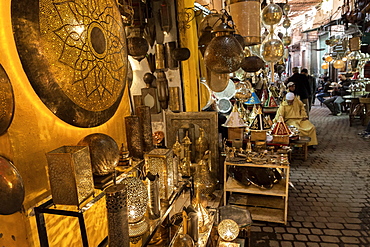 Shop selling traditional metal lamps and trays in the souks, Marrakech, Morocco, North Africa, Africa