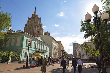 Arbat Street with a Stalanist-gothic skyscraper, Moscow, Russia, Europe