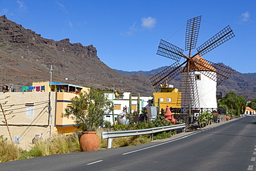 Traditional restored windmill, Molino de Viento, in Barranco de Mogan, near the village of Mogan, Gran Canaria, Canary Islands, Spain, Atlantic, Europe