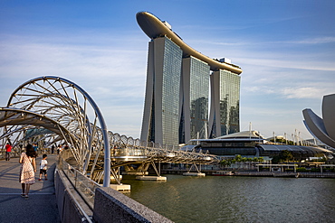 The Helix Bridge, Marina Bay Sands Hotel and part of Future World-ArtScience Museum in Marina Bay, Singapore, Southeast Asia, Asia