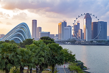 Singapore skyline, Cloud Forest Dome and Singapore Flyer from Gardens by the Bay at dusk, Singapore, Southeast Asia, Asia