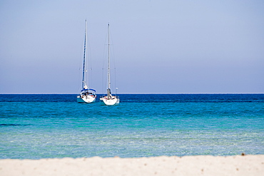 Moored yacht, beach, Mondello, Palermo, Sicily, Italy, Mediterranean, Europe