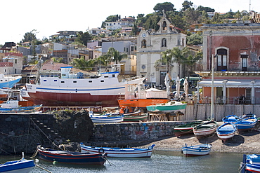 Traditional fishing boats in harbour, Aci Trezza, Sicily, Italy, Europe