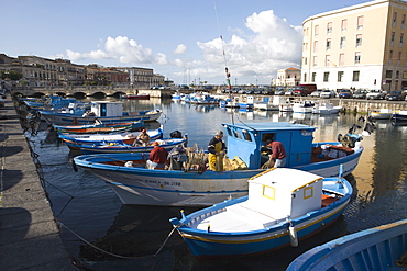 Traditional fishing boats in harbour, Ortygia, Syracuse, Sicily, Italy, Europe