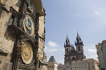 Town Hall Clock, Astronomical clock, and church of Our Lady before Tyn in background, Old Town Square, Old Town, Prague, Czech Republic, Europe