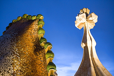 Evening view of rooftop, Casa Batlo, Barcelona, Catalonia, Spain, Europe