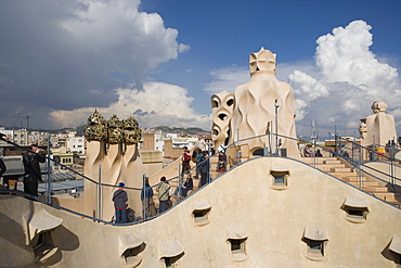 Chimneys and rooftop, Casa Mila, La Pedrera, Barcelona, Catalonia, Spain, Europe