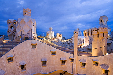 Chimneys and rooftop, Casa Mila, La Pedrera in the evening, Barcelona, Catalonia, Spain, Europe