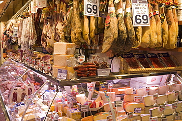 Hams, jamon and cheese stall, La Boqueria, Market, Barcelona, Catalonia, Spain, Europe