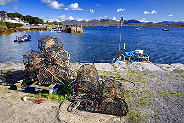 Lobster pots at Roundstone Harbour, Connemara, County Galway, Connacht, Republic of Ireland, Europe