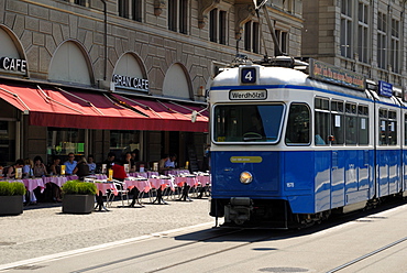 Tram and restaurant, Zurich, Switzerland, Europe