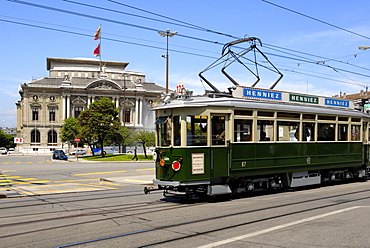 Vintage tram and the Grand Theatre, Place de Neuve, Geneva, Switzerland, Europe