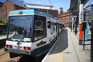 Metrolink tram at tram stop, Manchester, England, United Kingdom, Europe