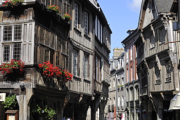 Street of half timbered houses, Dinan, Cotes d'Armor, Brittany, France, Europe